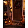 Kép 2/2 - Boszorkányseprű Halloween dekoráció – Lila nyéllel, csontváz és denevér dísszel – 95 cm