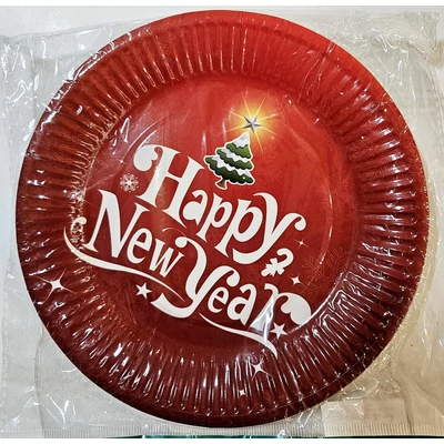 Piros színű papír tányér 18 cm  Happy new year 10 db 
