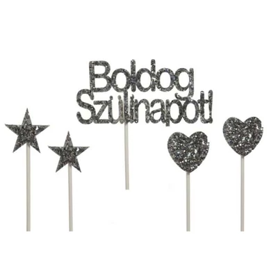 Ezüst  Boldog Szülinapot torta beszúró, 5 db-s