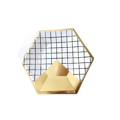 Hatszögletű papírtányér- arany-fekete- Hexagon, 22 cm