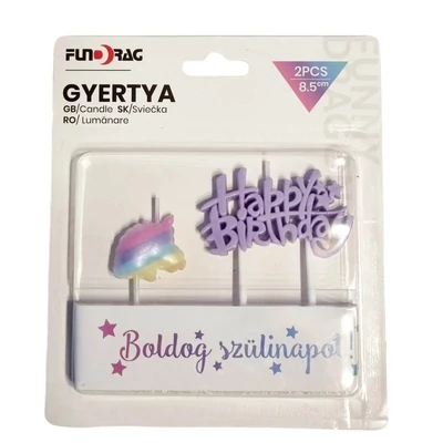 Happy birthday lila színű gyertya unikornis gyertyával