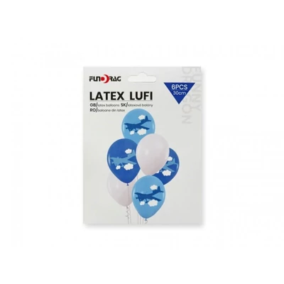 Repülő mintás latex lufi kék -fehér 