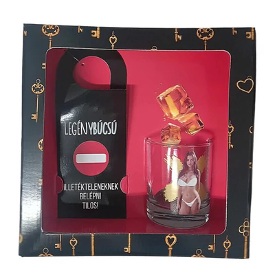 Legénybúcsúra vetkőzős whiskys pohár + ajtóakasztó díszdobozban