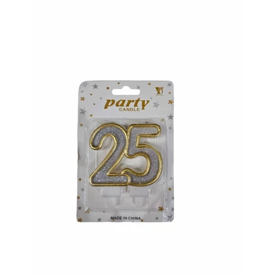 25-ös számgyertya csillogó ezüst arany szegéllyel  