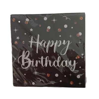 Happy Birthday szalvéta -fekete - fehér-
