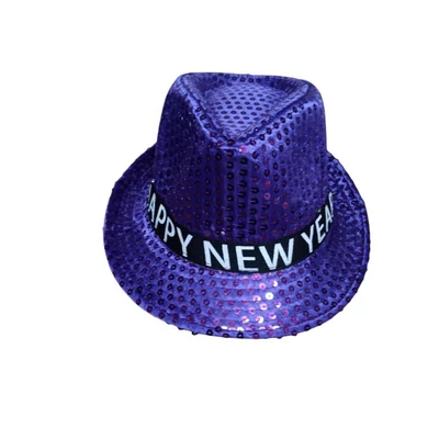 Happy New year felíratos ledes szilveszteri kalap - lila színű , flitteres