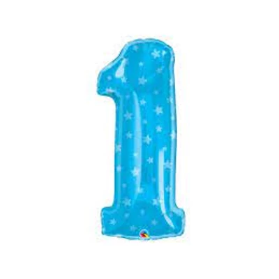 1-es szám formájú fólia lufi kék csillagos,  35 cm