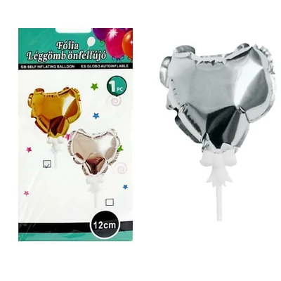 Önfelfújó ezüst  szív lufi, 12 cm