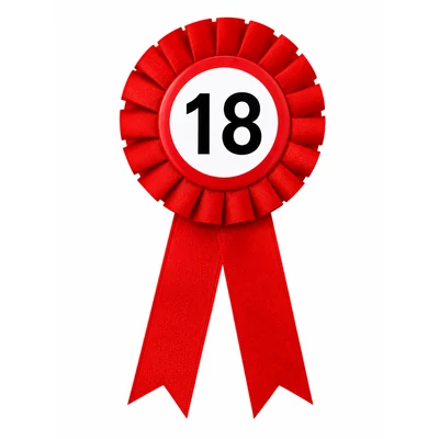 18-as sebességkorlátozó szülinapi parti kitűző, piros szalagos