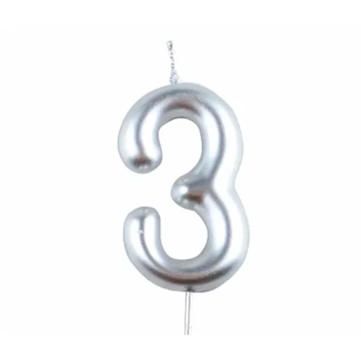 3-as ezüst króm számgyertya, 6 cm