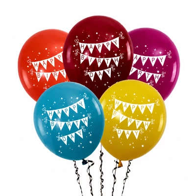 Színes Happy Birthday zászlófüzéres latex lufi szett – 5 db, 30 cm