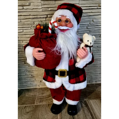 Mikulás figura mackóval és ajándékzsákkal, 68 cm Piros/Fehér