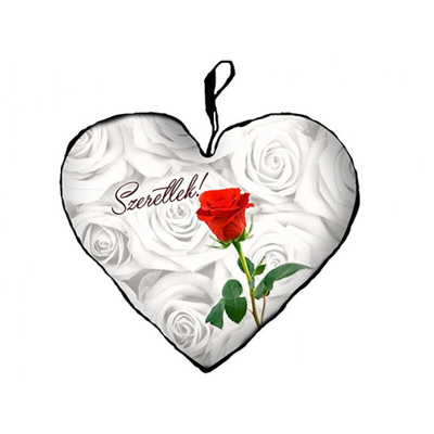 Rózsás fehér szív alakú párna szeretlek felirattal,  37 cm
