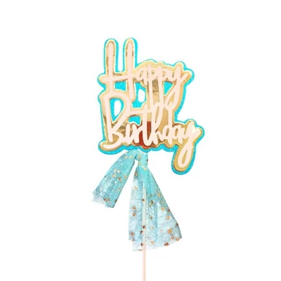 Kék Happy Birthday tüllös beszúró tortadísz