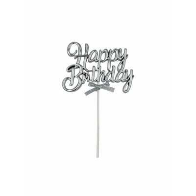 Happy Birthday feliratú torta dekoráció, ezüst - 18 cm