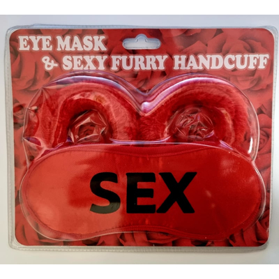 Sexy szett - Bilincs + alvómaszk Sex felirattal ,piros