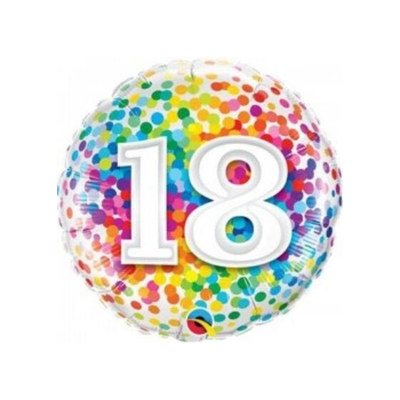 18. szülinapi fólia lufi, 45 cm Happy Birthday konfettis