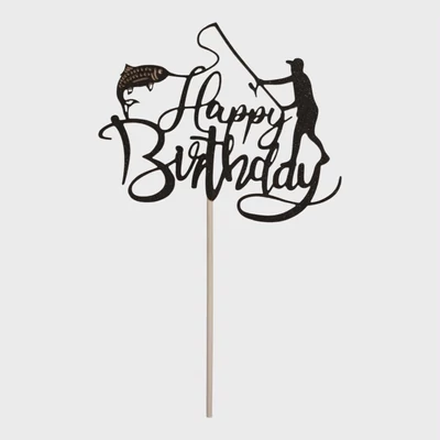 Happy Birthday horgász tortabeszúró fekete – horgász tortadísz