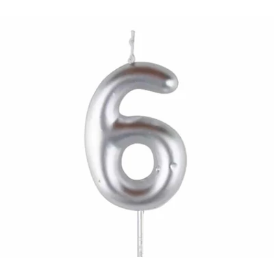 6-os ezüst króm számgyertya, 6 cm