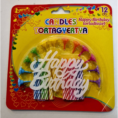 12 db színes gyertya Happy Birthday tortadísszel