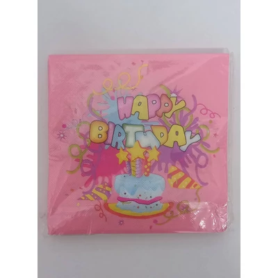 Rózsaszín alapon színes felíratos happy birthdayes paírszalvéta