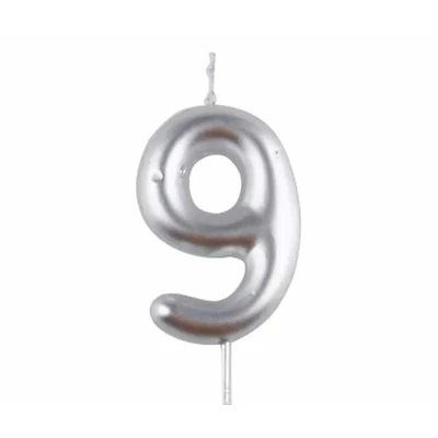 9-es ezüst króm számgyertya, 6 cm