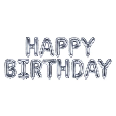 Happy Birthday, Ezüst fólia betű lufi felirat 13 db, 35 cm