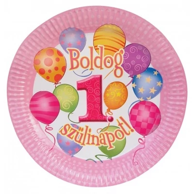 Boldog 1. Szülinapot! Léggömbös Rózsaszín Lányos Parti Tányér, 23 cm, 6 db-os