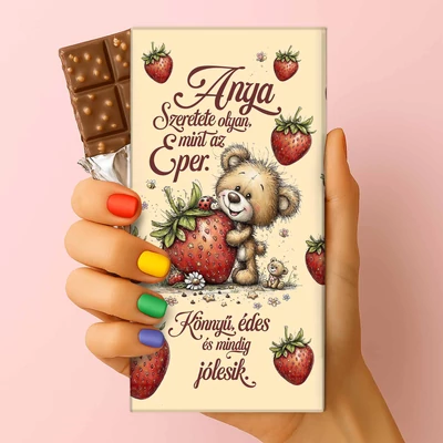 Csoda Csoki - Anyák napi feliratos csokoládé - „Anya szeretete olyan, mint az eper” (75g-os tejtábla) - Anyák Napi Ajándék Anyáknak