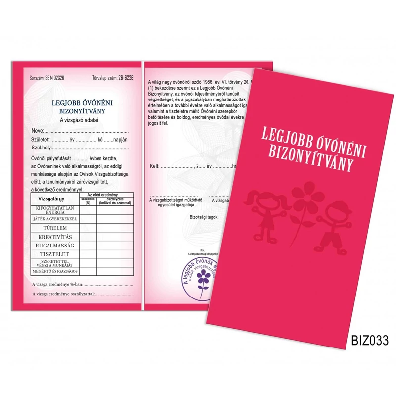 Vicces bizonyítvány, Legjobb Óvónéni bizonyítvány