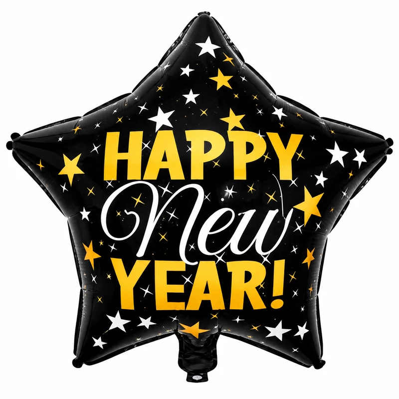 Happy  new year  fekete csillag fólia lufi 57 cm x 70 cm 