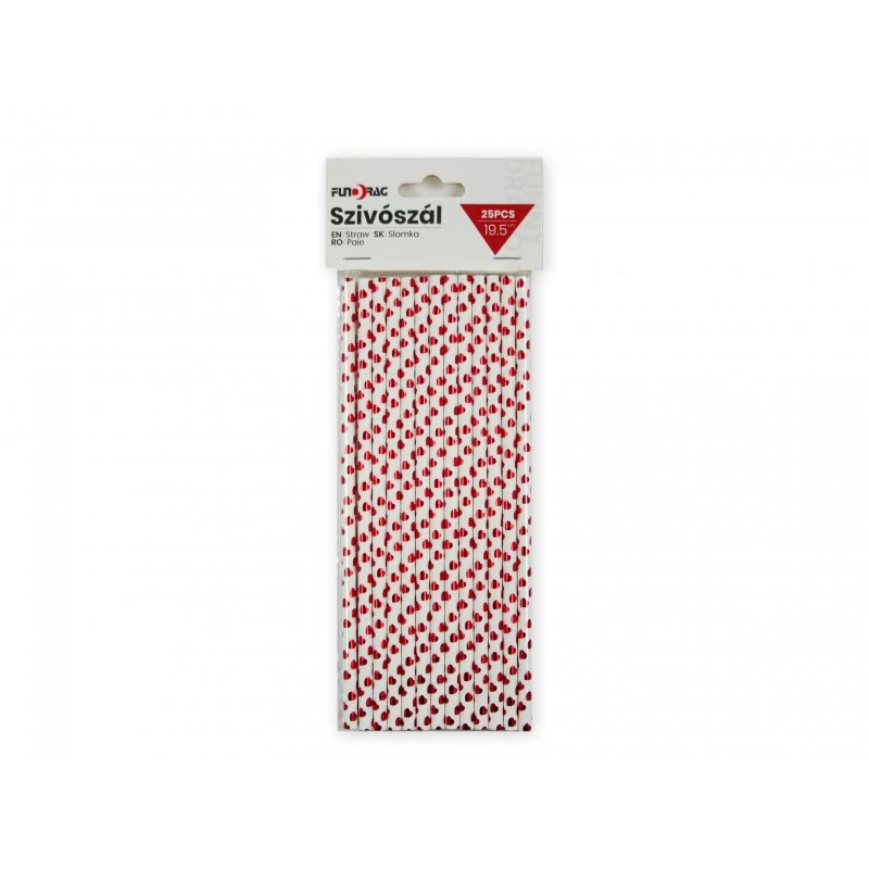 Papír szívószál 24 db  19.5 cm  piros szívecskés