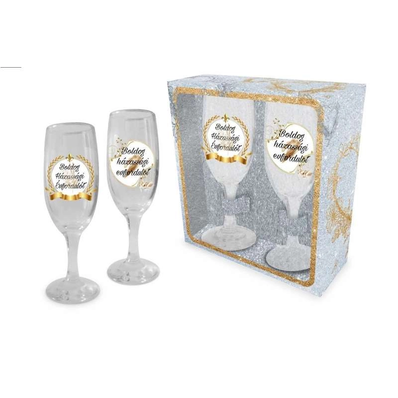 Boldog házassági évfordulót feliratos pezsgős pohár szett 2 db -s 