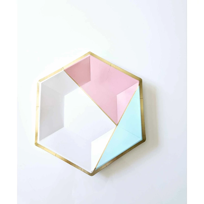 Hatszögletű papírtányér-rózsaszín- fehér-kék Hexagon, 22 cm