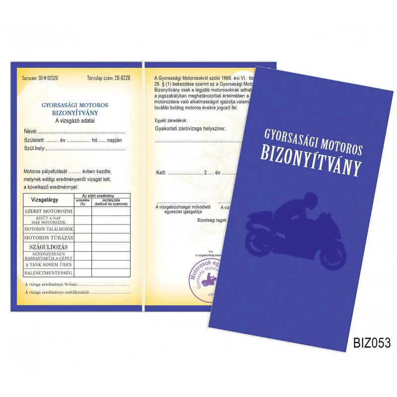 Bizonyítvány - Gyorsasági Motoros bizonyítvány