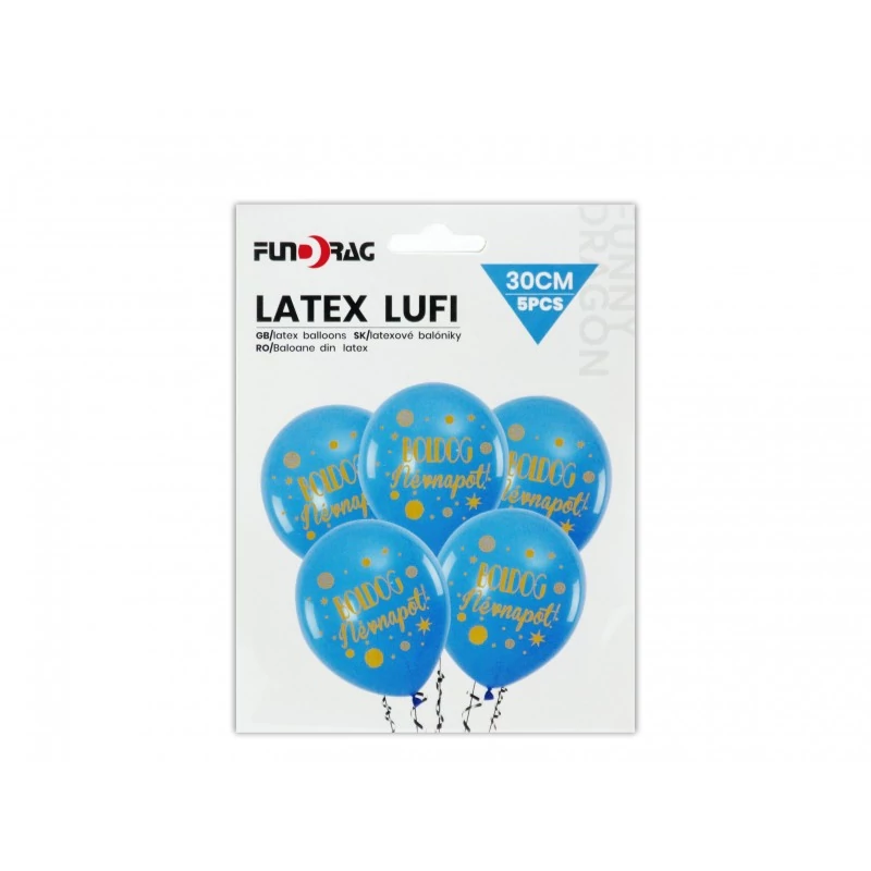 Boldog Névnapot kék-arany latex lufi, 5 db