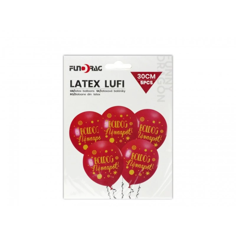 Piros Boldog Névnapot lufi, 5 db- 30 cm