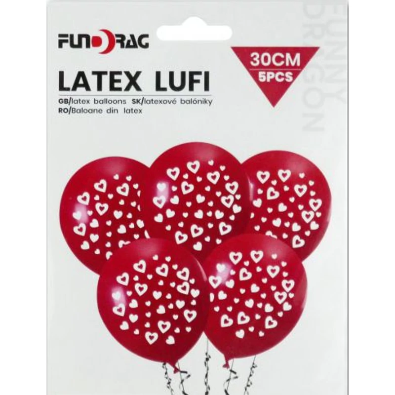Piros latex lufi fehér szív mintával  30 cm 5 db 