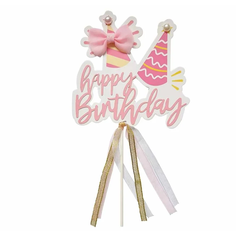 Fehér - rózsaszín - arany  happy birthday torta beszúró