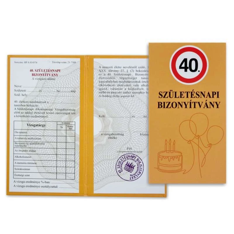 Születésnapi bizonyítvány 40 éveseknek