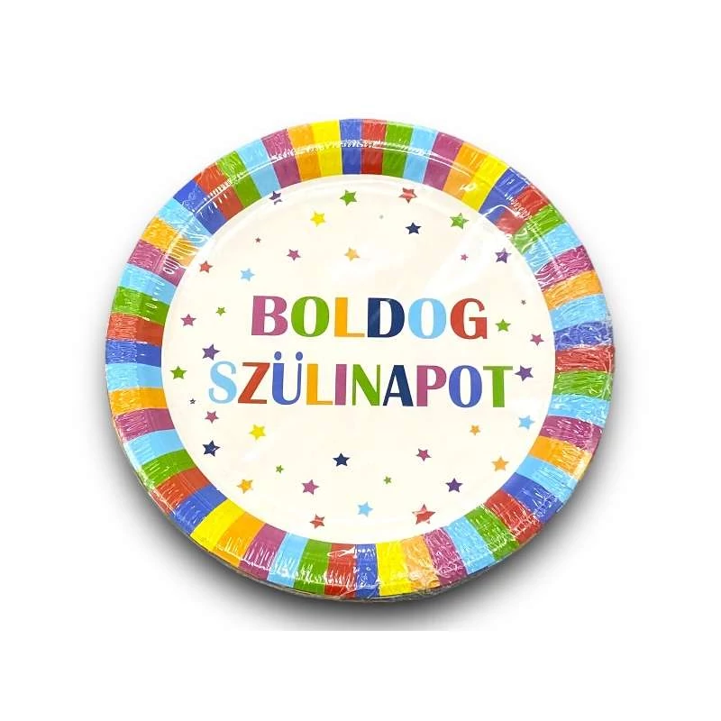 Színes csíkos, csillag mintás Boldog szülinapot papír tányér, 23 cm