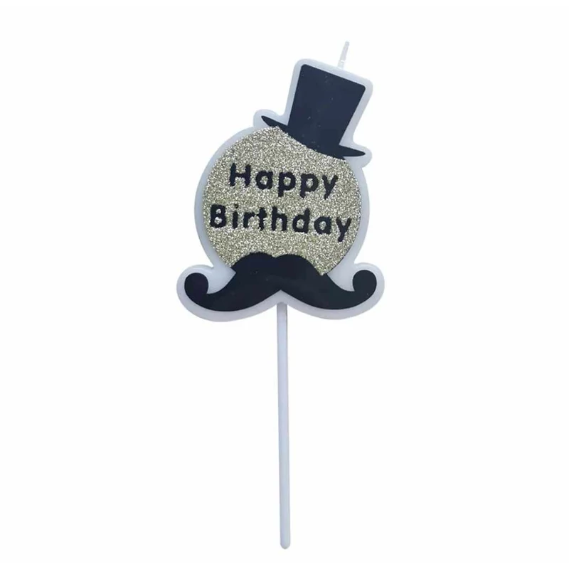 Happy Birthday gyertya kalappal és bajusszal