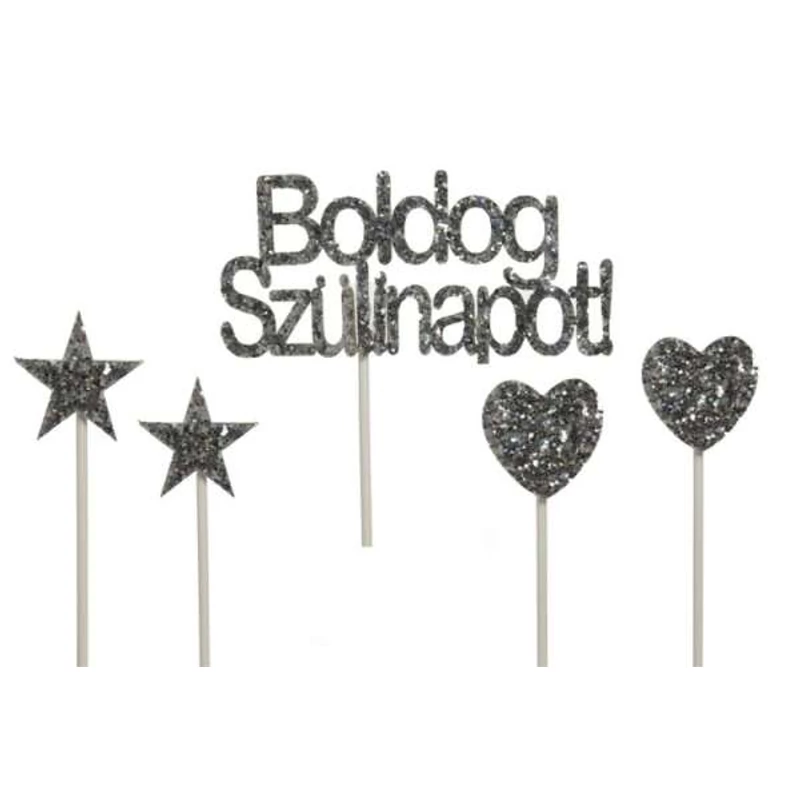 Ezüst  Boldog Szülinapot torta beszúró, 5 db-s