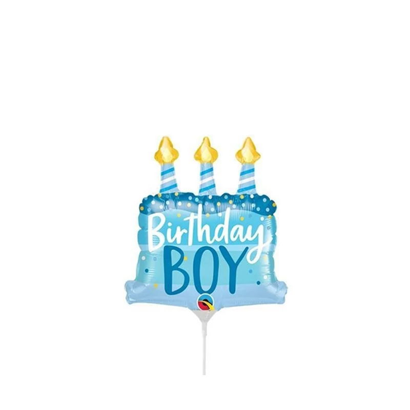 Kék torta formájú fólia lufi Birthday Boy felirattal 70 cm