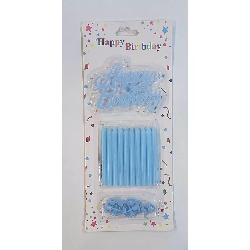 Kék  gyertya ,Happy birthday táblával 10 db