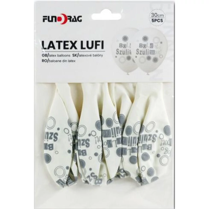 Fehér latex lufi boldog szülinapot felirattal, 5 db 