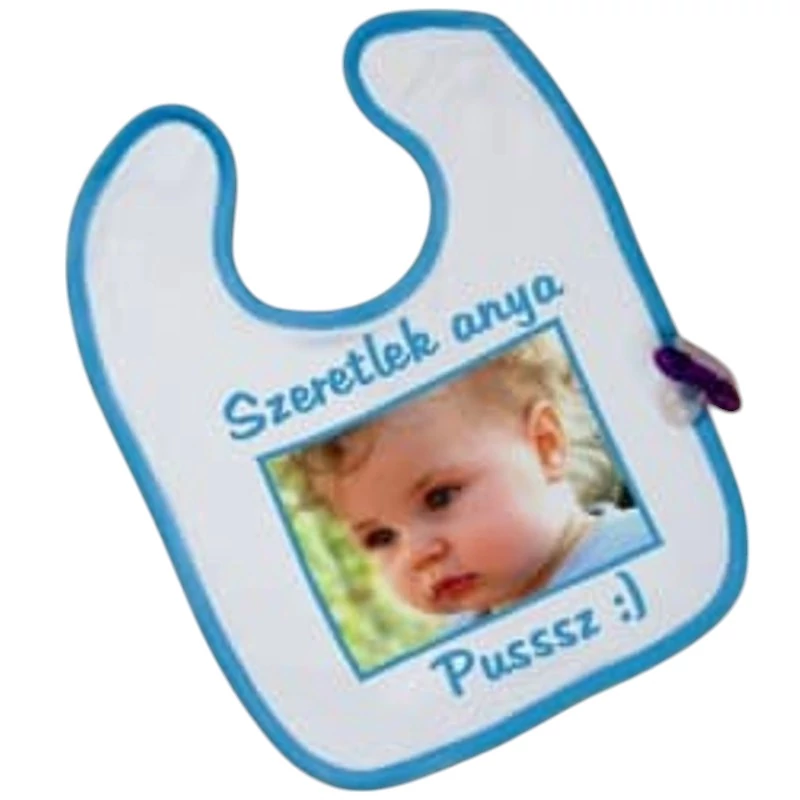 Fényképes bébi előke, világoskék szegéllyel