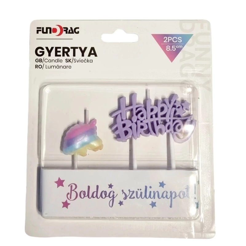 Happy birthday lila színű gyertya unikornis gyertyával