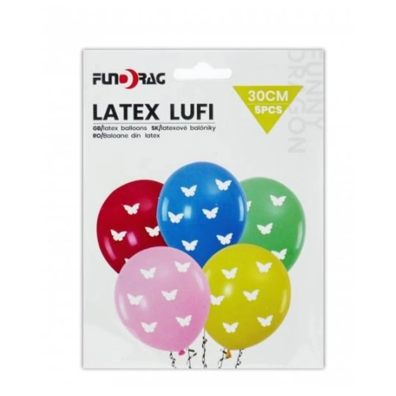 Színes latex lufi pillangó mintázattal, 5 db 