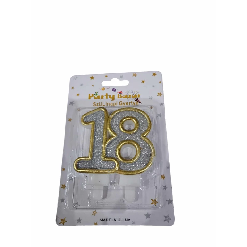 18 -s számgyertya csillogó ezüst arany szegéllyel